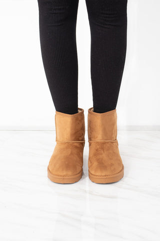 Camel Faux Suede Fur Lined Mini Ankle Boots