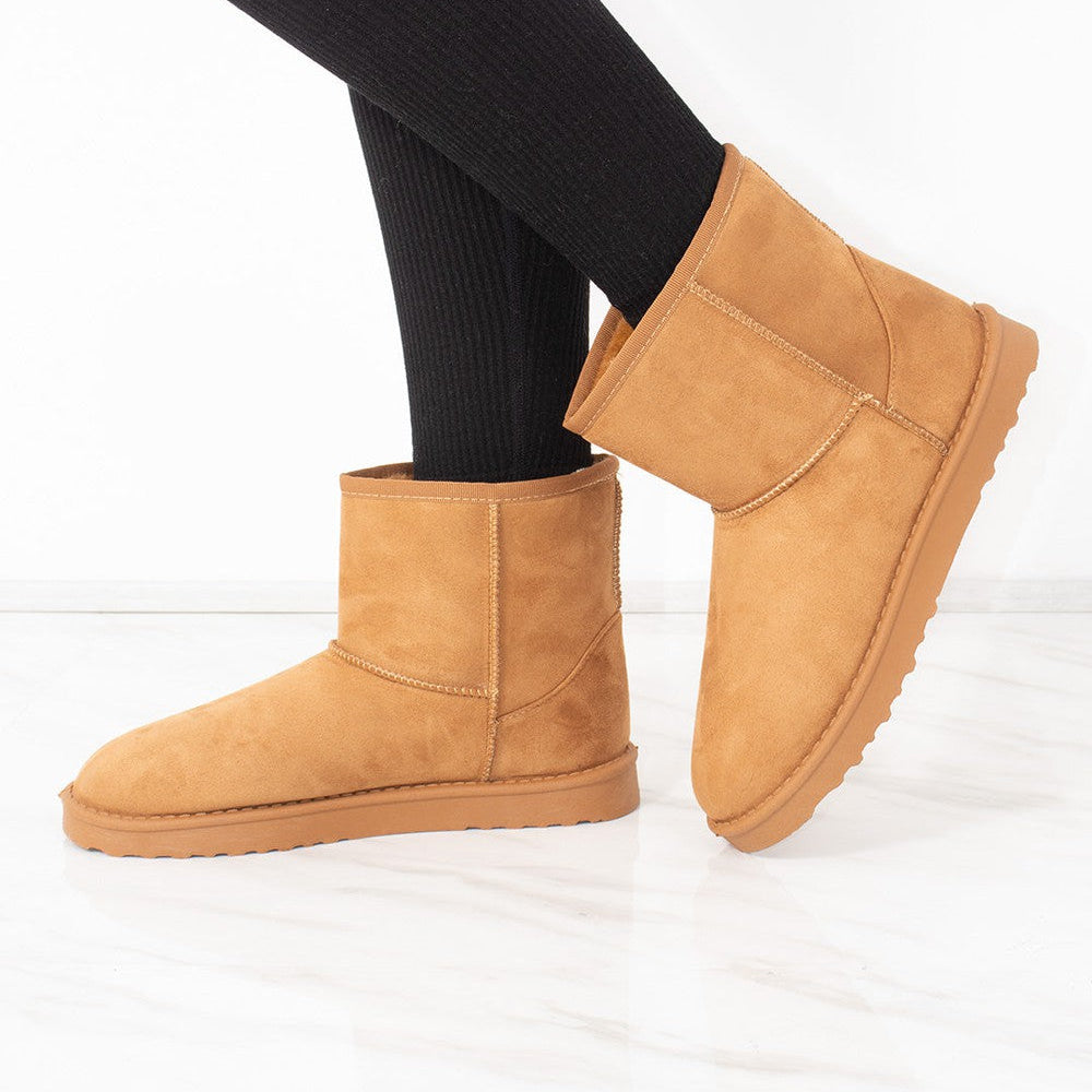 Camel Faux Suede Fur Lined Mini Ankle Boots