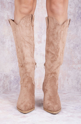 Camel Faux Suede Knee High Block Heel Cowboy Boots