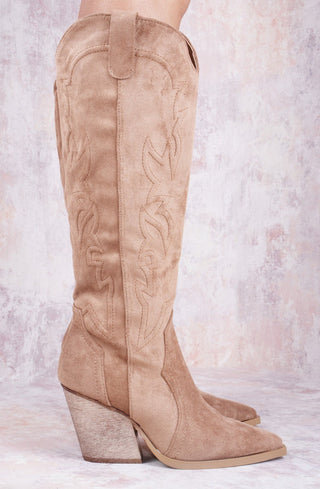 Camel Faux Suede Knee High Block Heel Cowboy Boots