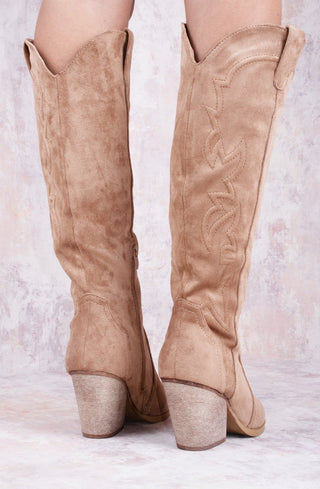 Camel Faux Suede Knee High Block Heel Cowboy Boots