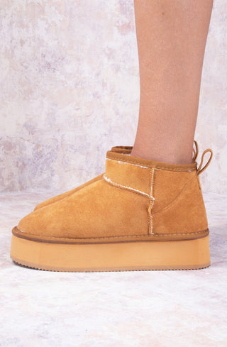 Camel Faux Suede Ultra Mini Ankle Platform Boots