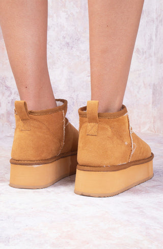 Camel Faux Suede Ultra Mini Ankle Platform Boots