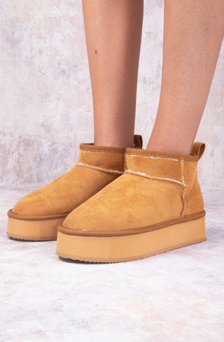 Camel Faux Suede Ultra Mini Ankle Platform Boots