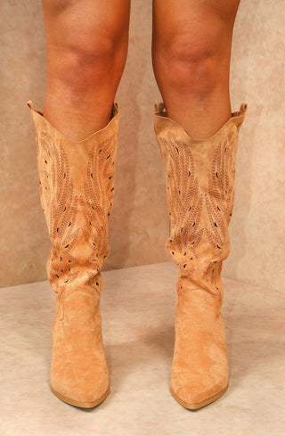 Camel Faux Suede Western Style Knee High Cut Out Cowboy Boot