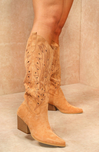 Camel Faux Suede Western Style Knee High Cut Out Cowboy Boot