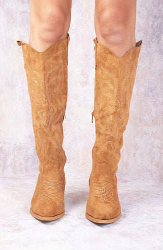 Camel Knee High Embroidery Faux Suede Cowboy Boot