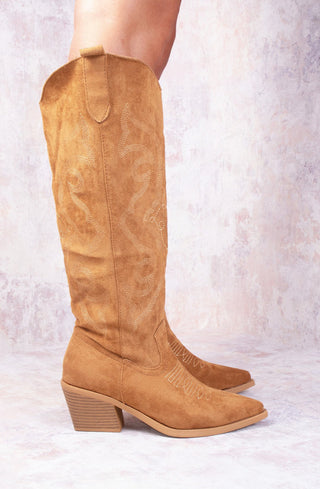 Camel Knee High Embroidery Faux Suede Cowboy Boot