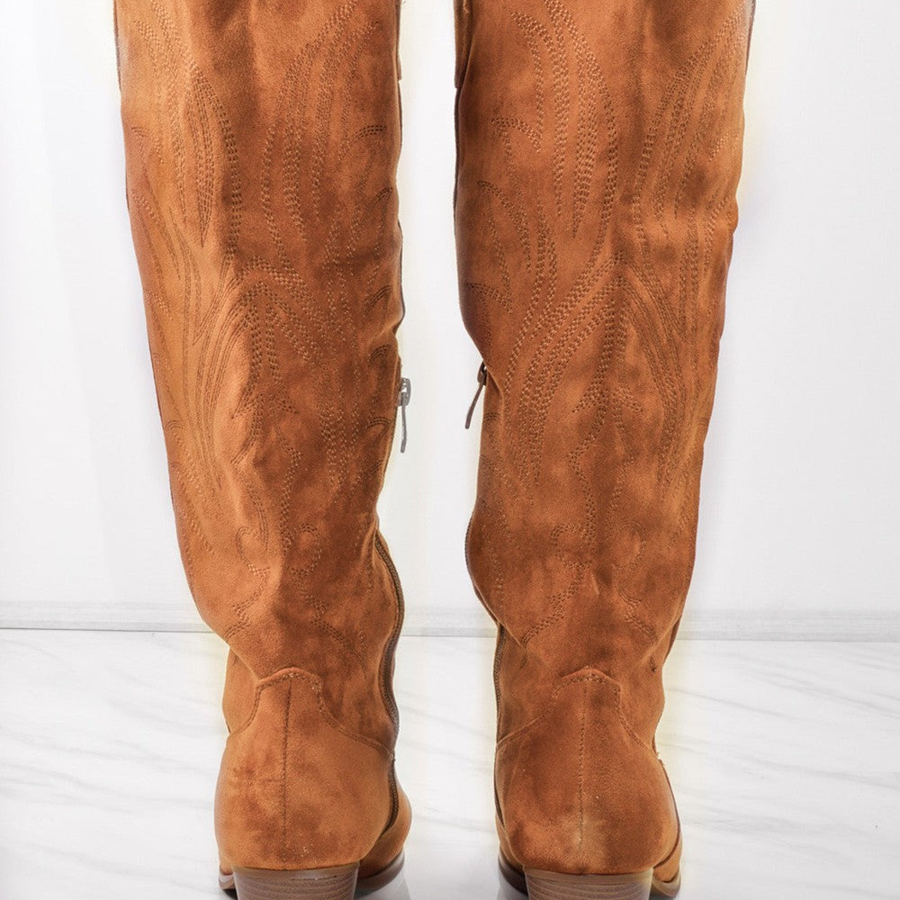 
                      
                        Camel Knee High Embroidery Faux Suede Cowboy Boot
                      
                    