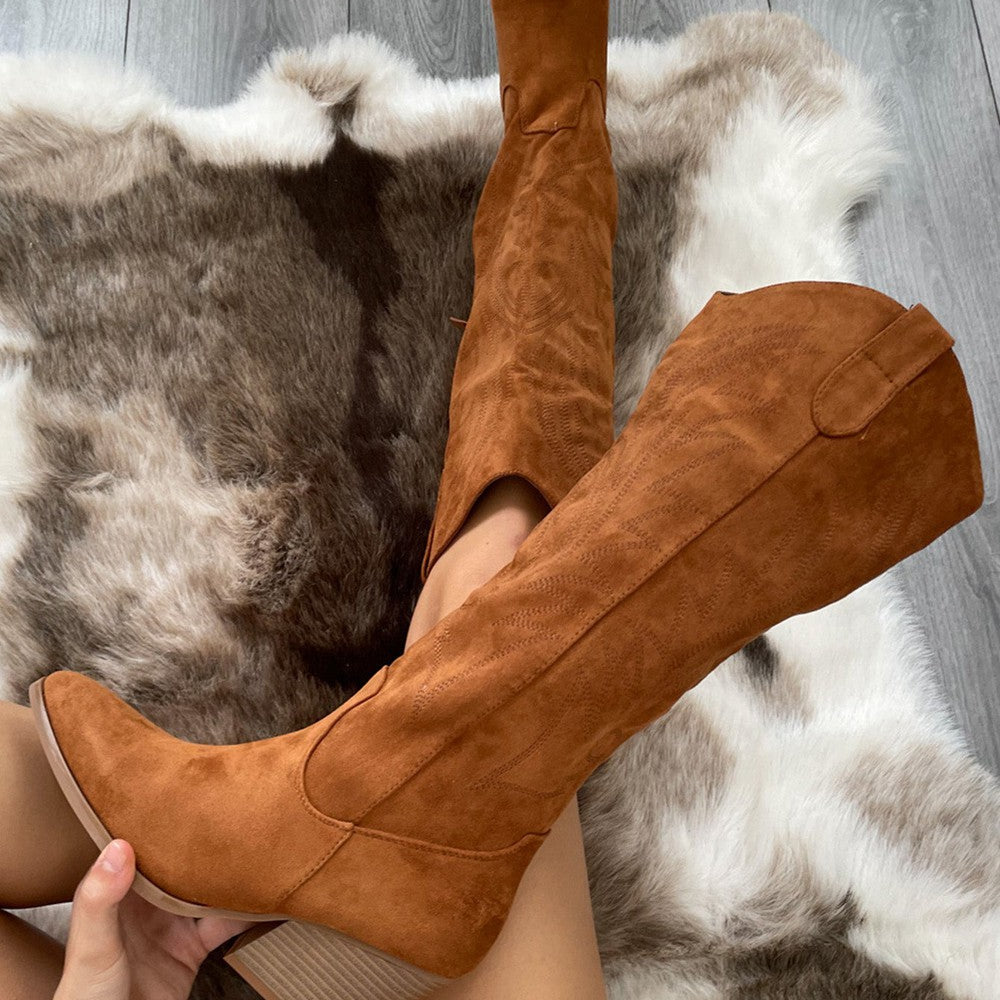 Camel Knee High Embroidery Faux Suede Cowboy Boot