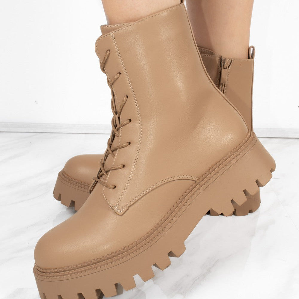 
                      
                        Camel Lace Up Chunky Short Platform Ankle Boots
                      
                    