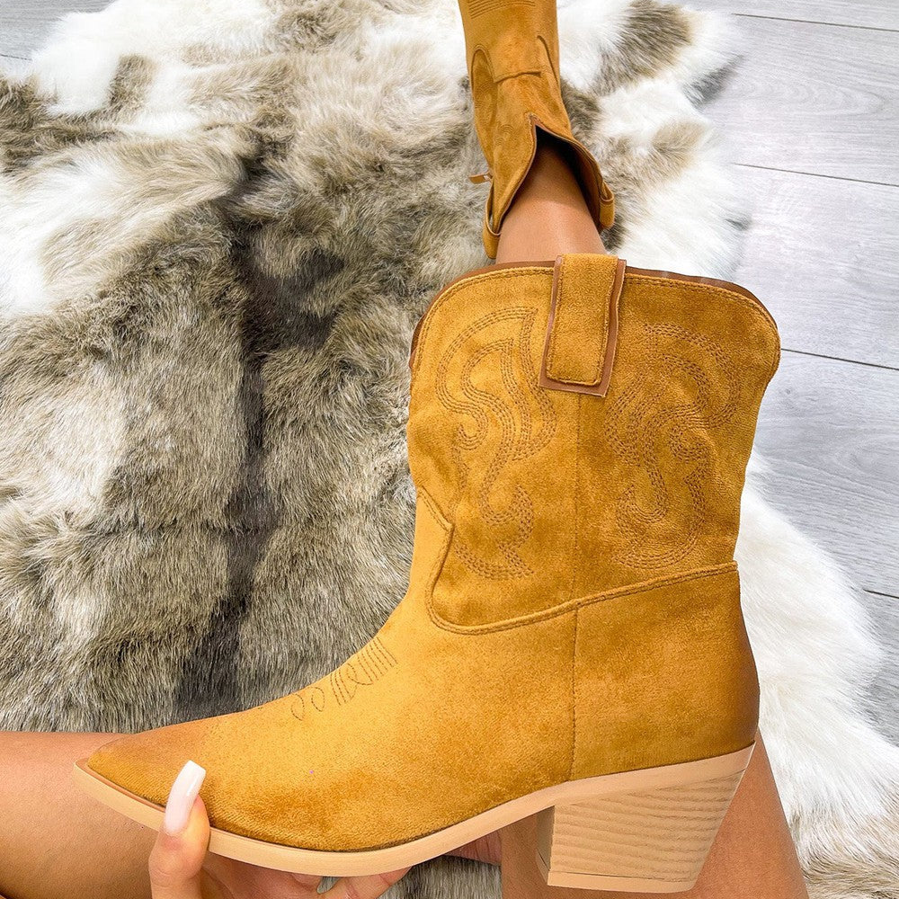 Camel Low Rise Faux Suede Ombre Cowboy Boot