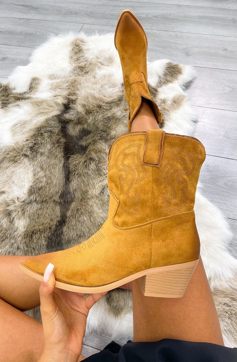 Camel Low Rise Faux Suede Ombre Cowboy Boot