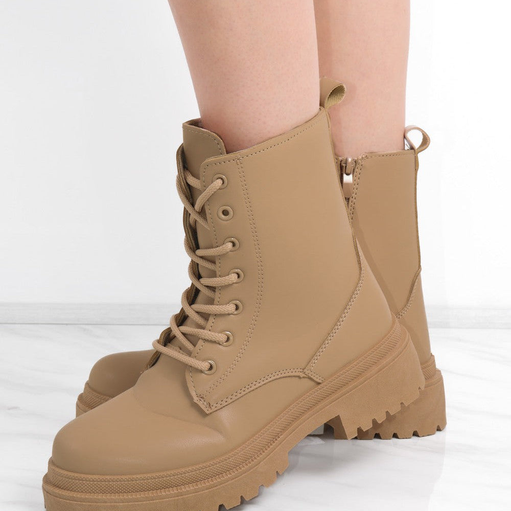 Camel Matte Faux Leather Zip Lace Up Boot