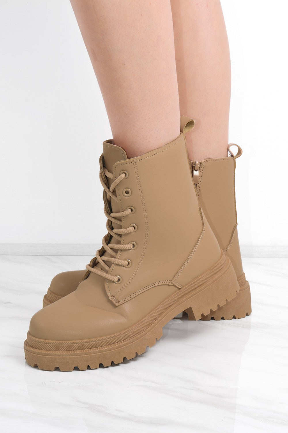 Camel Matte Faux Leather Zip Lace Up Boot