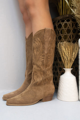 Camel Mesh Embroidered Detail Mid Calf Faux Suede Cowboy Boots