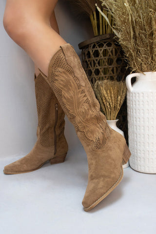 Camel Mesh Embroidered Detail Mid Calf Faux Suede Cowboy Boots