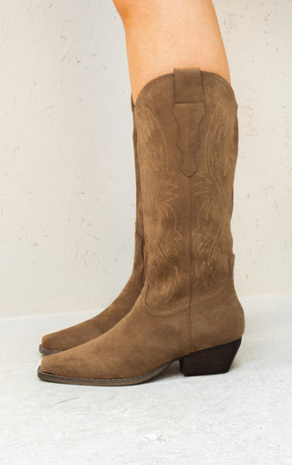 Camel Mid Calf Embroidered Faux Suede Cowboy Boots