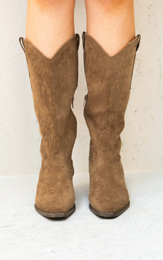 Camel Mid Calf Embroidered Faux Suede Cowboy Boots