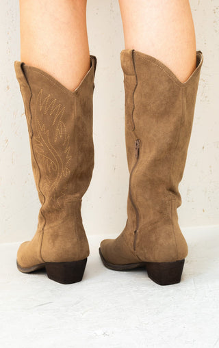 Camel Mid Calf Embroidered Faux Suede Cowboy Boots