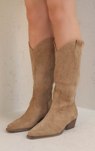 Camel Mid Calf Embroidered Faux Suede Cowboy Boots