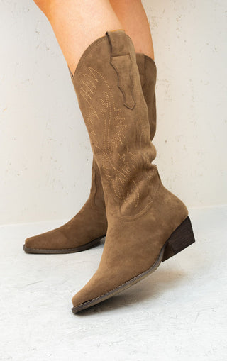 Camel Mid Calf Embroidered Faux Suede Cowboy Boots