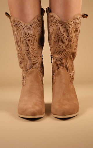 Camel Mid-Length Diamante Mesh Western Cowboy Boot