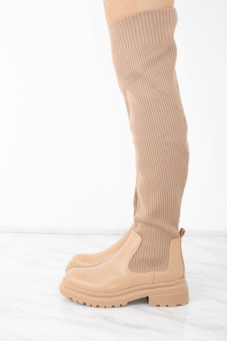 Camel Over the Knee Ribbed Sock Boot