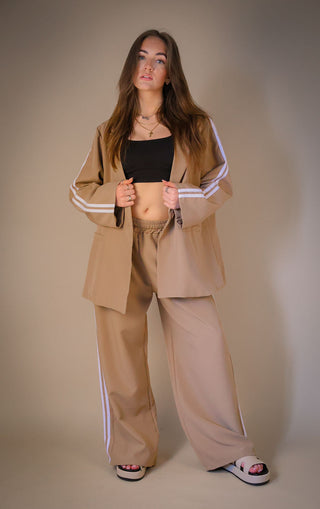 Camel Oversized Blazer Co Ord Suit Straight Leg Trouser Contrast Stripe detail