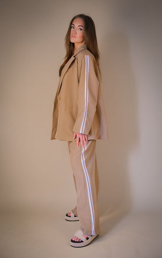 Camel Oversized Blazer Co Ord Suit Straight Leg Trouser Contrast Stripe detail