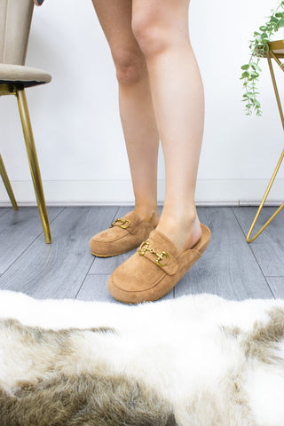 Camel Round Toe Buckle Mule Flat Loafers slippers Shoes