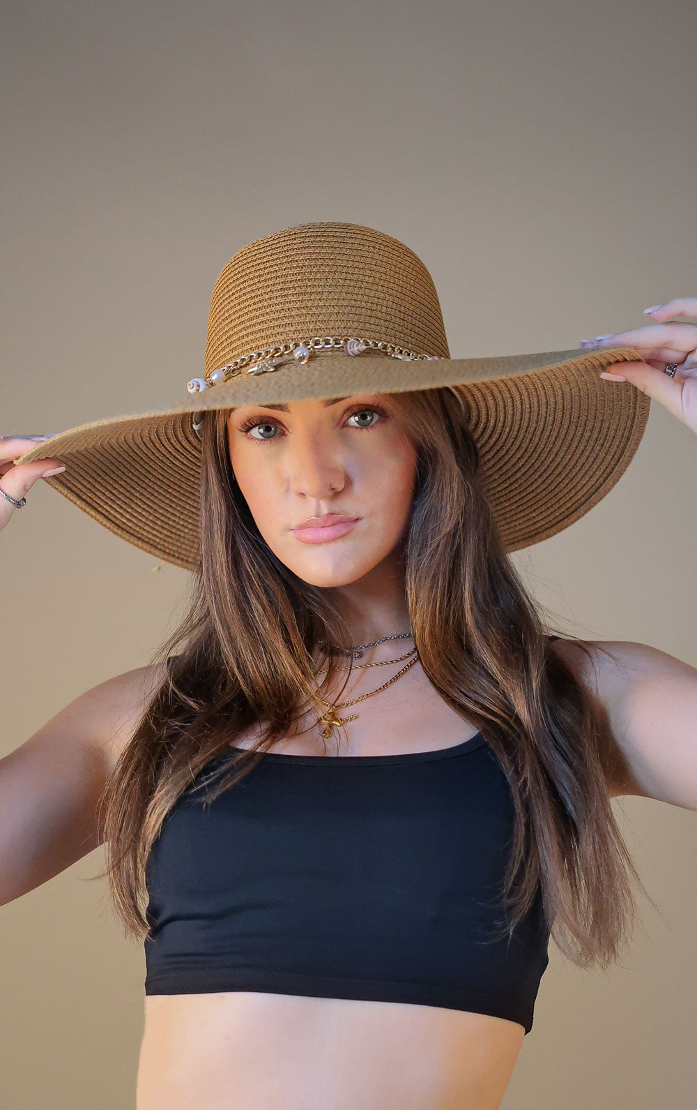 Camel Straw Western Shell Detailing Hat