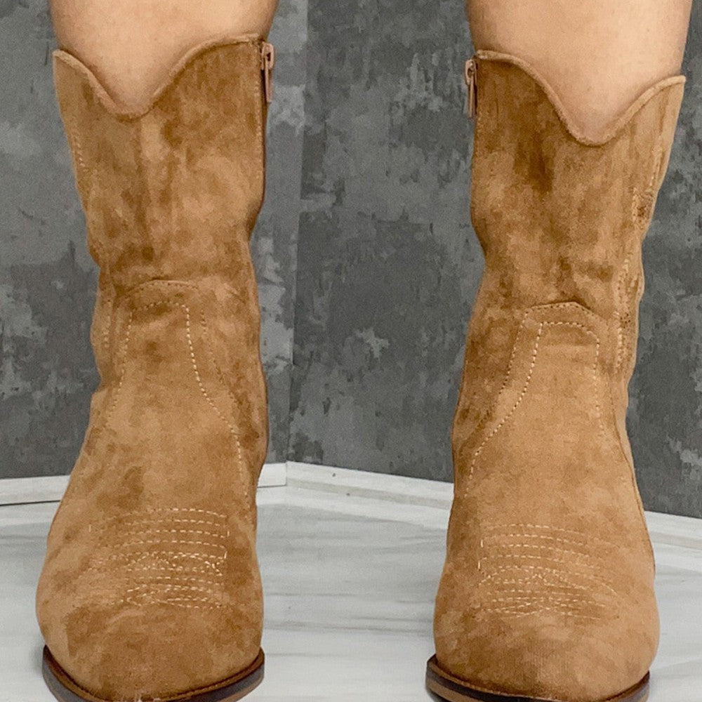 
                      
                        Camel Suede Cowboy Ankle Boots
                      
                    