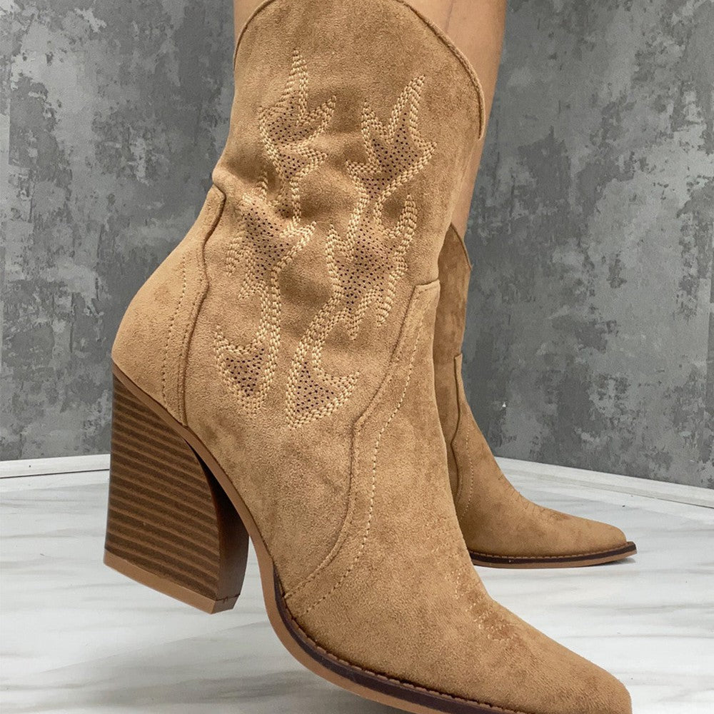 
                      
                        Camel Suede Cowboy Ankle Boots
                      
                    