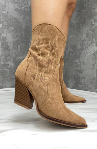 Camel Suede Cowboy Ankle Boots