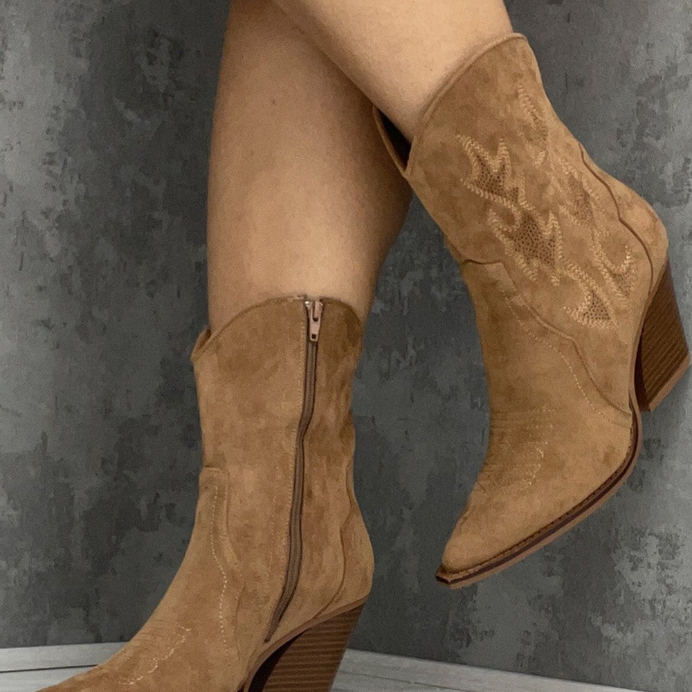 
                      
                        Camel Suede Cowboy Ankle Boots
                      
                    