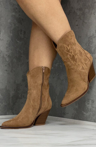 Camel Suede Cowboy Ankle Boots