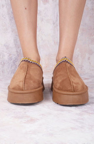 Camel Tazmin Aztec Detail Faux Fur Lining Platform Faux Suede Slipper