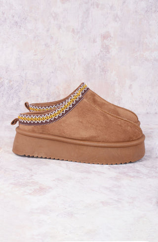 Camel Tazmin Aztec Detail Faux Fur Lining Platform Faux Suede Slipper