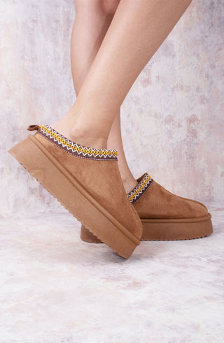 Camel Tazmin Aztec Detail Faux Fur Lining Platform Faux Suede Slipper