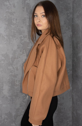 Camel Wool Fold Over Zip Biker Jacket