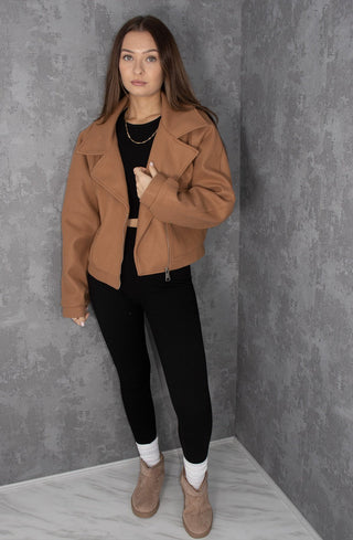 Camel Wool Fold Over Zip Biker Jacket