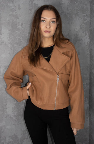 Camel Wool Fold Over Zip Biker Jacket