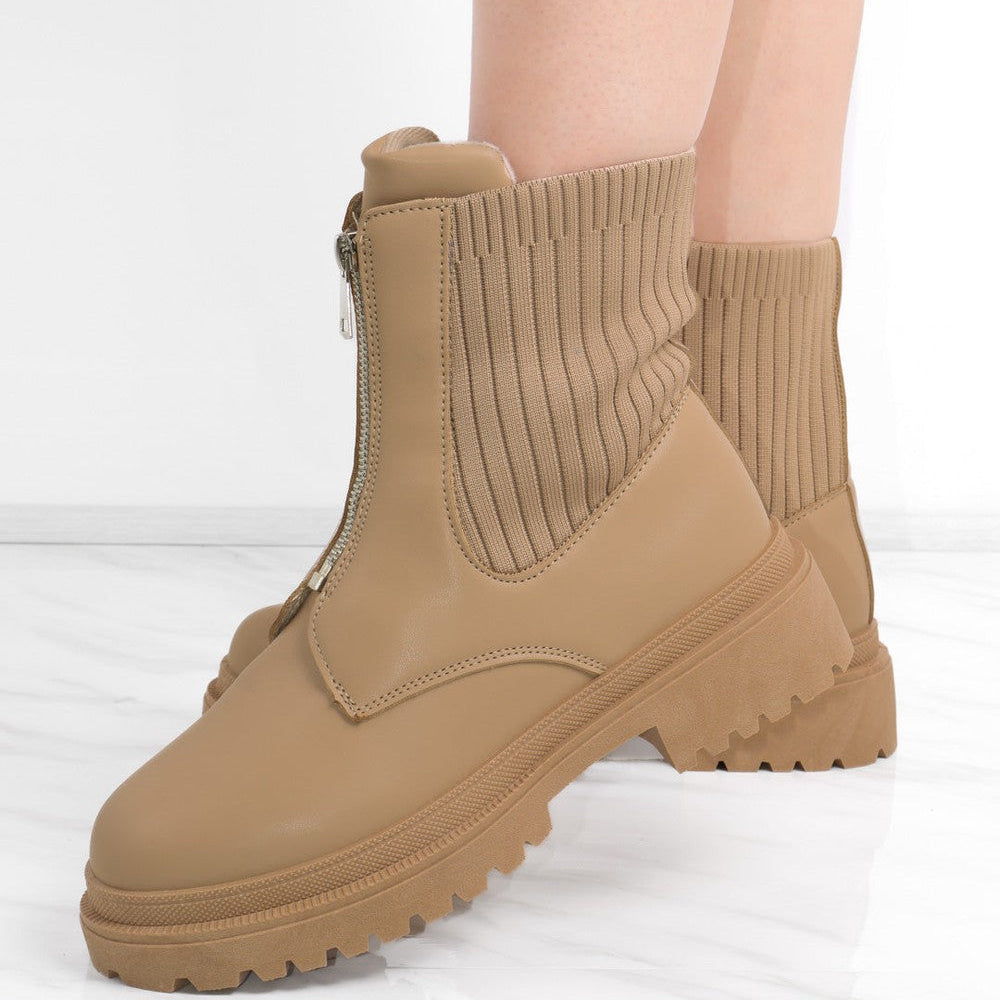 Camel Zip Front faux Leather Chunky Ribbed Ankle Boot