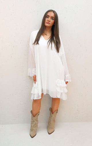 Cara White Frill Layered Dress