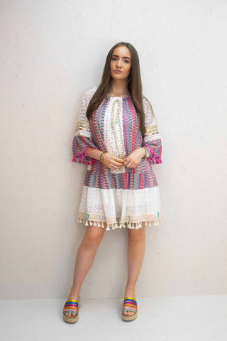 Casey Pink Multi Lace and ZigZag Embellished Tassel Dress