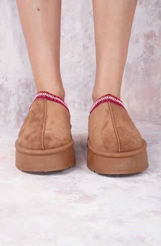 Cherry Red Tazmin Aztec Detail Faux Fur Lining Platform Faux Suede Slipper