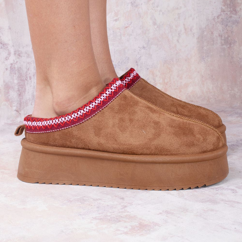 
                  
                    Cherry Red Tazmin Aztec Detail Faux Fur Lining Platform Faux Suede Slipper
                  
                