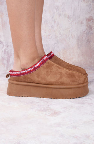 Cherry Red Tazmin Aztec Detail Faux Fur Lining Platform Faux Suede Slipper