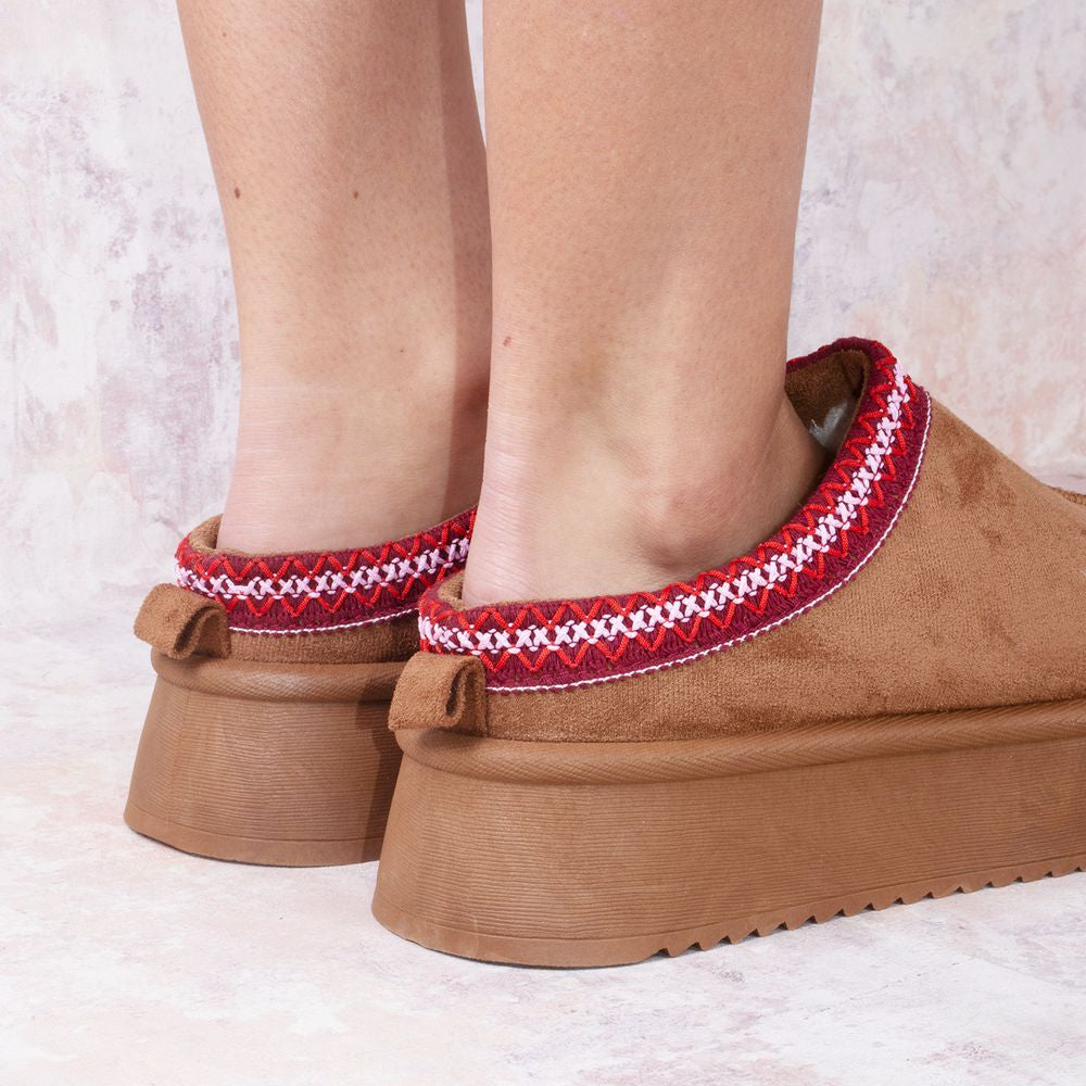 
                  
                    Cherry Red Tazmin Aztec Detail Faux Fur Lining Platform Faux Suede Slipper
                  
                